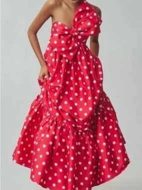 Anthropologie Red & White Polka Dot One-Shoulder Midi Dress